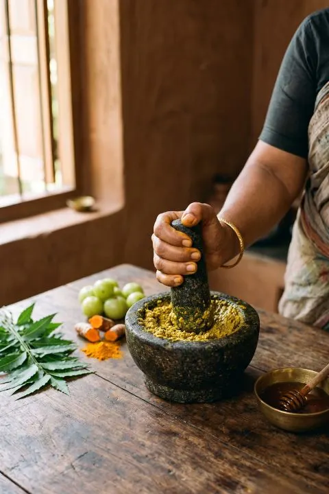 Woman grinding herbs and turmeric in a stone mortar for Ayurveda in Mysore