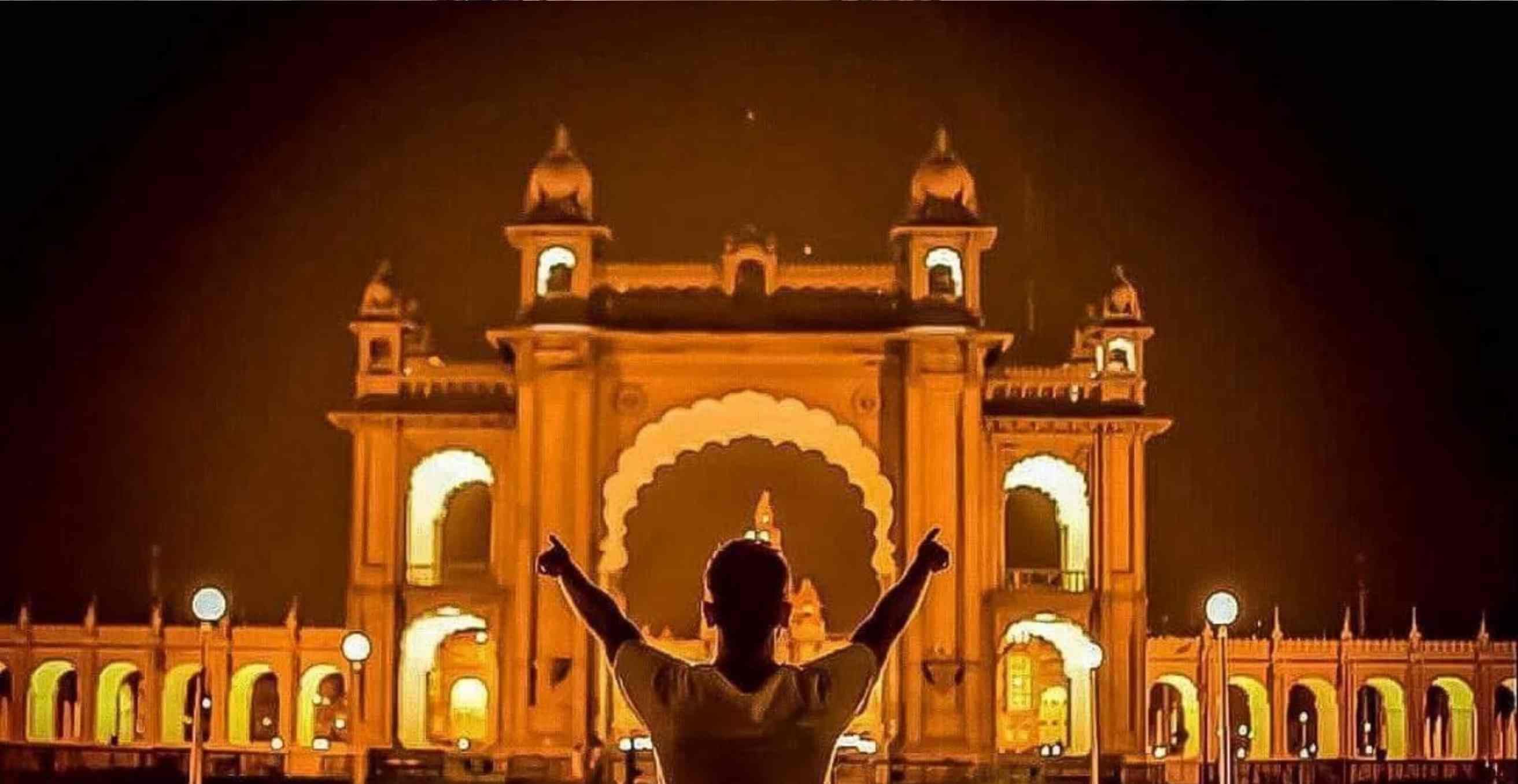 Night view of Mysore Palace from the entrance
