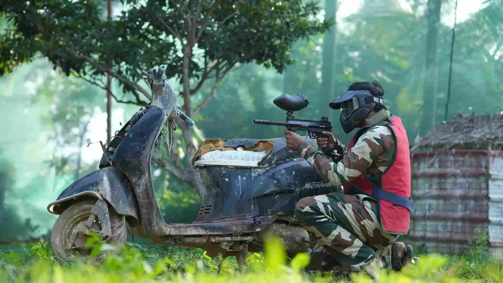 Paintball game action shot at Suggee Resort